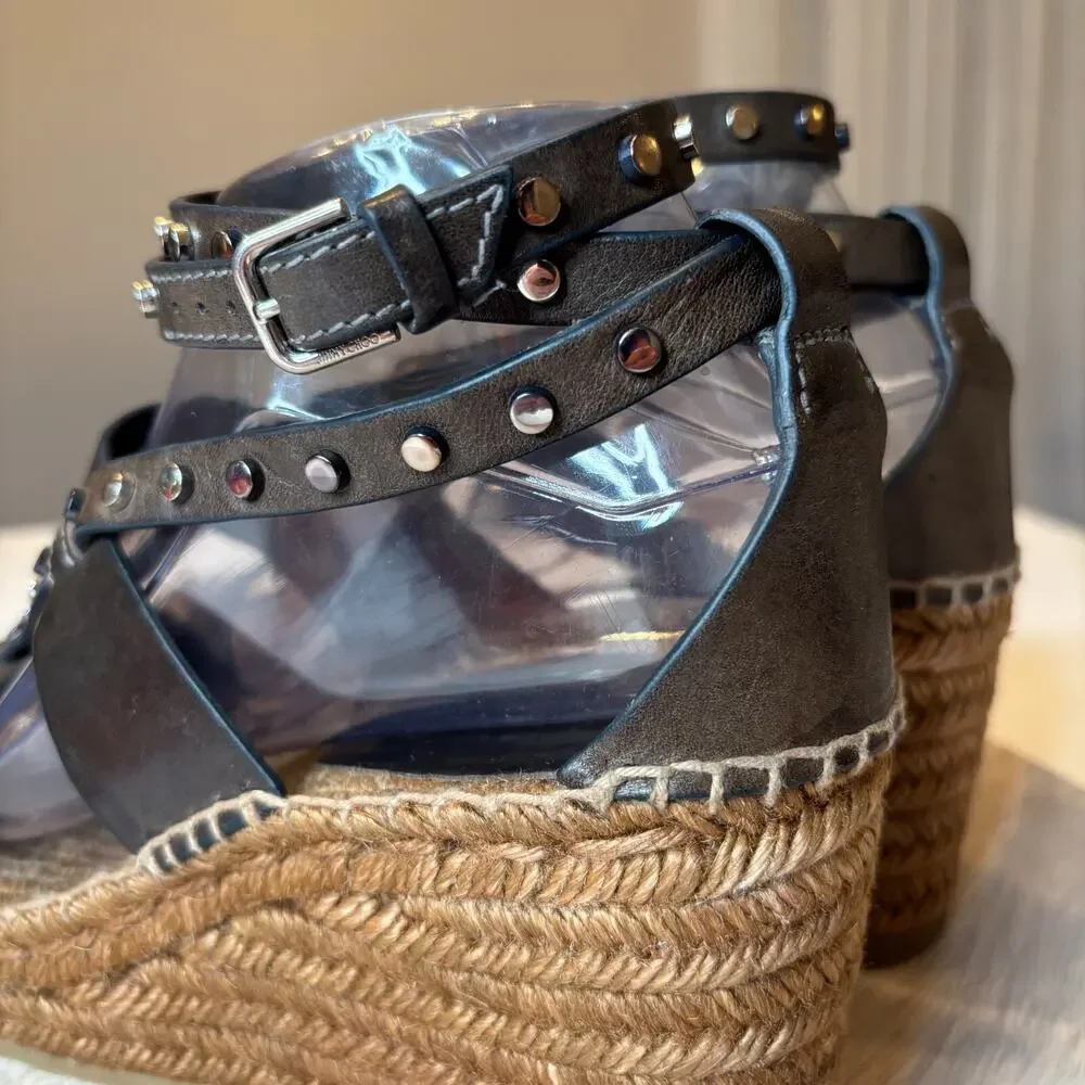 Authentic Jimmy Choo Raffia Calfskin Stud Danica Wedge Sandals US Size 8 EU 38